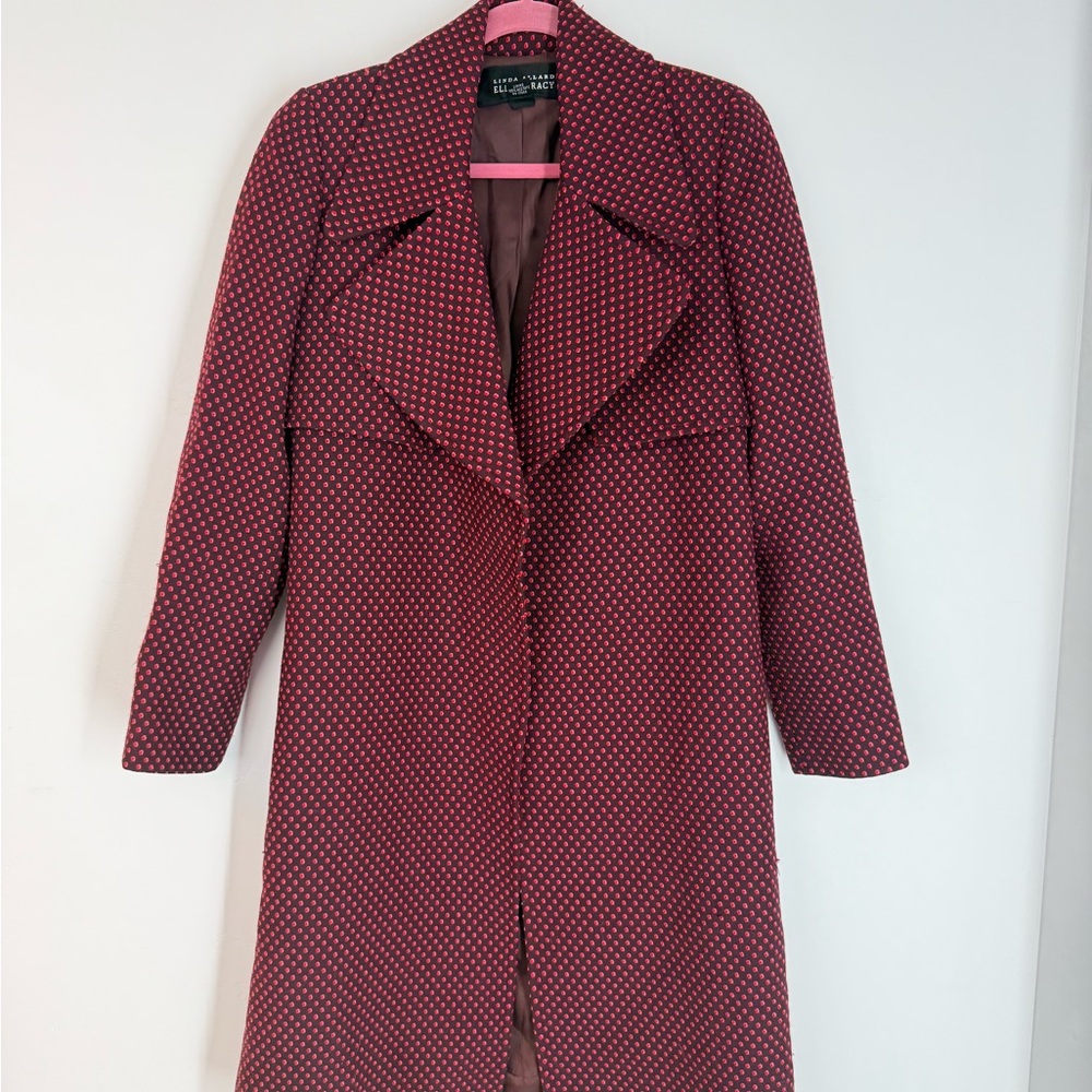 Ellen Tracy Wool Trench Coat Sz 2 Mahogany Polka Dot Retro Statement